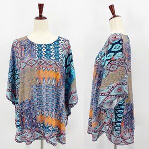 Tolani Collection Short Sleeve Batwing Flowy Tunic Top Colorful Print